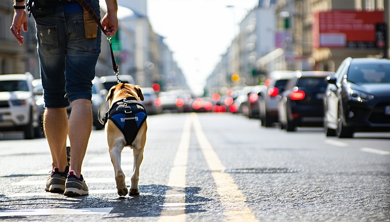 A guide dog in a harness leading a visually impair